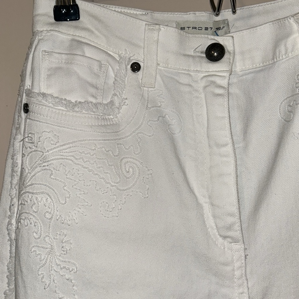Rare ETRO Sz 27 x 34 white cotton embroidered wideleg Jean fringe edge hi waist - Picture 11 of 15